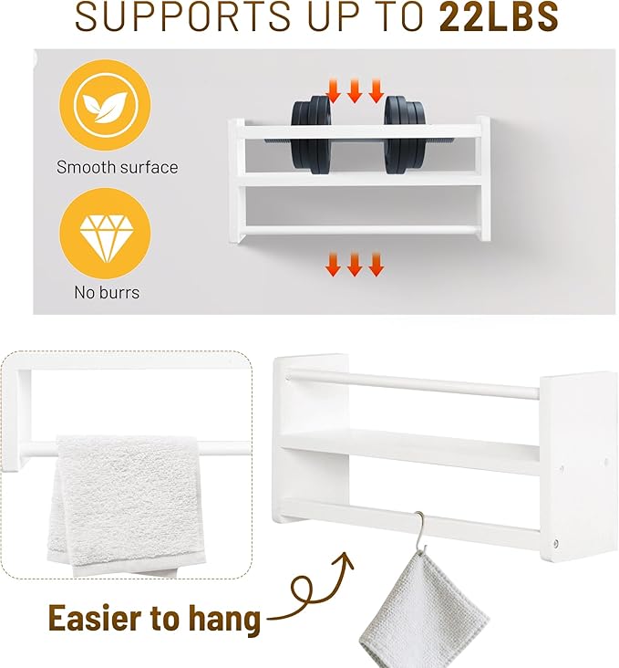 Nursery Floating Book Shelves, Wall Mounted Shelf with Towel Bar for Kids Room, Nursery Wall Shelves Set of 3 - Rustic Bookshelf Organizer for Baby Books & Toys,White