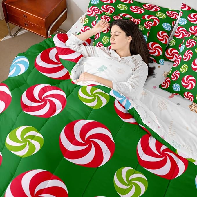 Feelyou Christmas Candy Comforter Set King Size 7 Pieces Cute Swirl Candy Bedding Set for Kids Boys Girls Red and Green Blue Sweet Bed in a Bag Reversible Xmas Decor Bedroom Quilted Breathable Soft