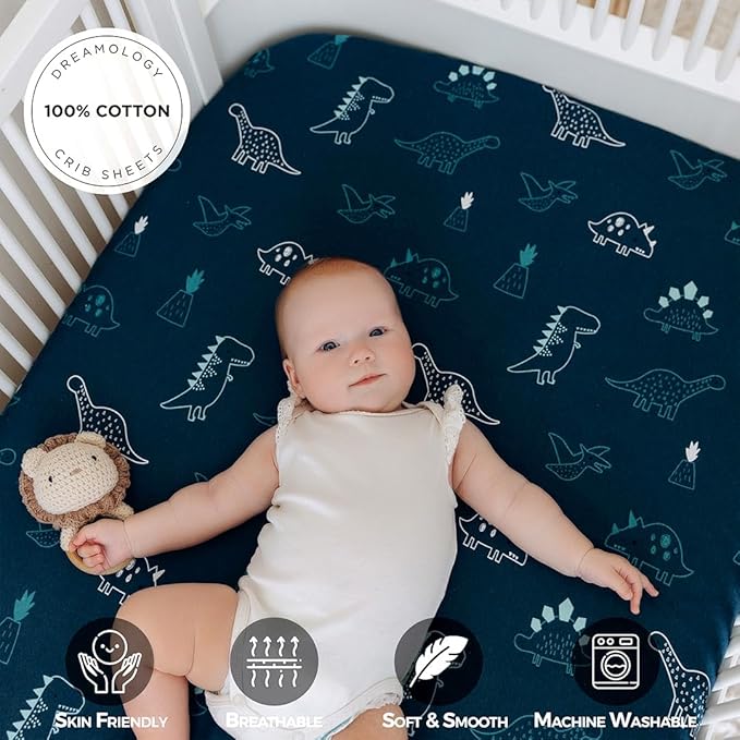 Dreamology Cotton Crib Sheets,2-Pack,Standard Crib Sheets Boys,Girls,100% Cotton Crib sheets,Baby Crib sheet,Cotton Crib Sheet Fitted and Toddler Bed Sheets,52x28 Crib Mattress Sheet | Dino,Denim Blue