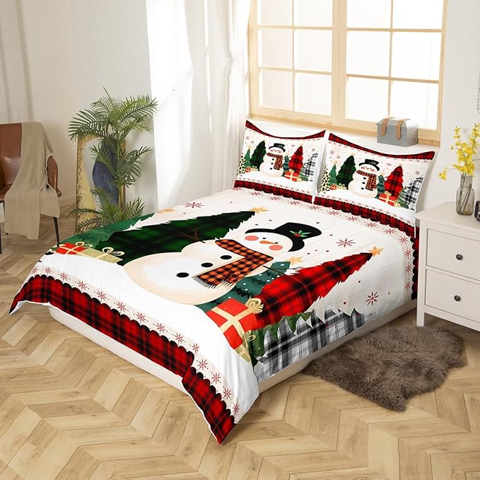Manfei Snowman Duvet Cover Set King Size, Xmas Leopard Plaid Trees Snowflake Comforter Cover with 2 Pillowcases, Christmas Theme Bedding Set 3pcs for Kids Girl New Year Bedspread Cover,No Comforter