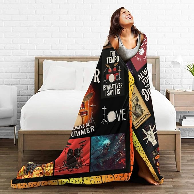 Drum Set Fleece Blanket Rock Music Throw Blankets for Girls Boys Super Soft Warm Flannel Cool Musical Instrument Throws Gifts for Men Women Cozy Fuzzy Plush Stuffed Couch Bed Bedding Decor 80"x60"