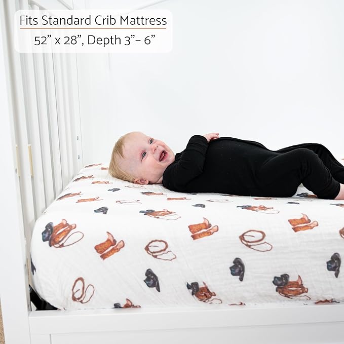 LollyBanks Fitted Crib Sheet for Boys 1 Pack, 100% Cotton Muslin Crib Sheets, Soft and Breathable Baby Sheet for Standard 52 x 28 Inches Mattress, Baby Bedding Essentials for Registry (Cowboy Print)