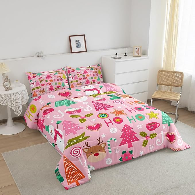 Merry Christmas Kids Comforter Set King Size,Cartoon Santa Claus Snowman Bedding Set,Boys Girls Adults Room Decor,Christmas Trees Deer Cute Down Comforter,Pink Romantic Duvet Insert,2 Pillowcases