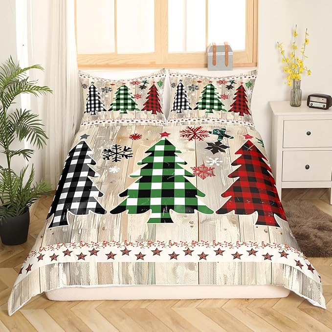Manfei Xmas Plaid Trees Duvet Cover Set King Size, Western Texas Star Bedding Set 3pcs for Kids Boys Girls, Christmas Theme Comforter Cover Wooden Plank Quilt Cover with 2 Pillowcases,No Comforter