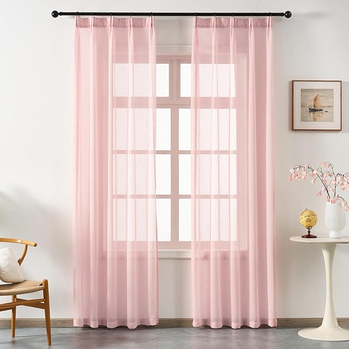 Blush Pink Sheer Curtains 108 Inches Long, Linen Look Textured Light Filtering Drapes for Girls Room, Light Pink Transparent Window Decor, Floor to Ceiling Pinch Pleat Curtain with Hooks