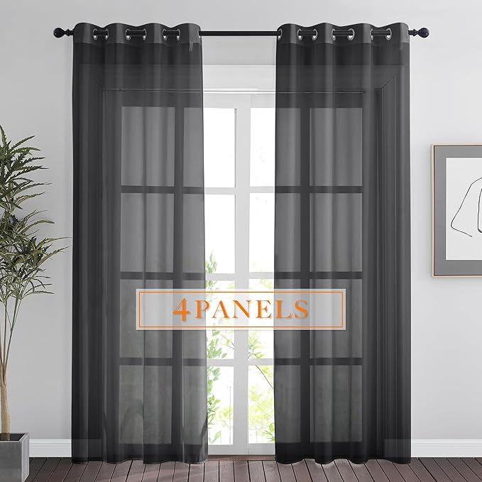 RYB HOME Black Sheer Curtains 90 Inches Long for Living Room, Light Filtering Grommet Top Solid Color Sheer Window Panels, Lightweight Elegant Curtains for Bedroom, Office, W54 x L90, 4 Pieces