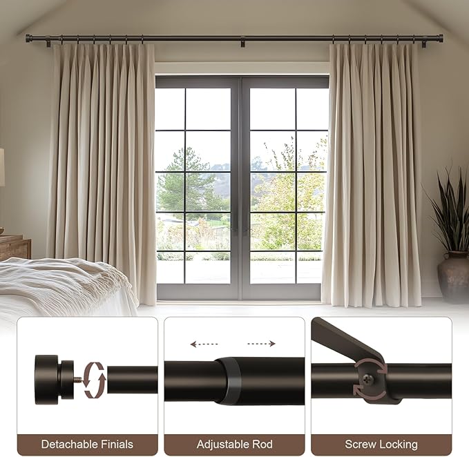 Modern Brown Curtain Rods for Windows 28 to 48 Inches Adjustable Length Heavy Duty 1" Diameter Window Curtain Rod with Decorative Finials for Outdoor Farmhouse Bedroom Kitchen Living Room