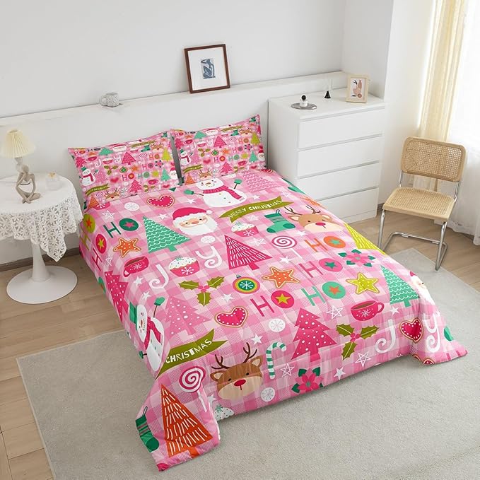 Merry Christmas Kids Comforter Set Twin Size,Cartoon Santa Claus Snowman Deer Xmas Bedding Set,Boys Girls Adults Room Decor,Geometric Grids Down Comforter,Pink Romantic Duvet Insert,1 Pillowcase
