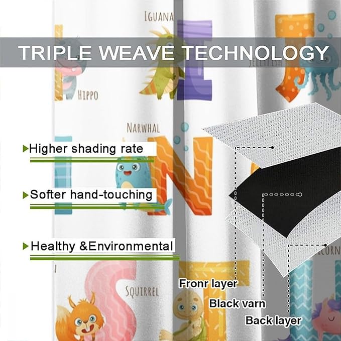 Kids Alphabet Curtains Educational Baby Cartoon Animals Colorful Cute Curtain with Rod Pocket for Nursery Living Room Home Decor Drapes Window Treatments 2 Panels Set 52x84in