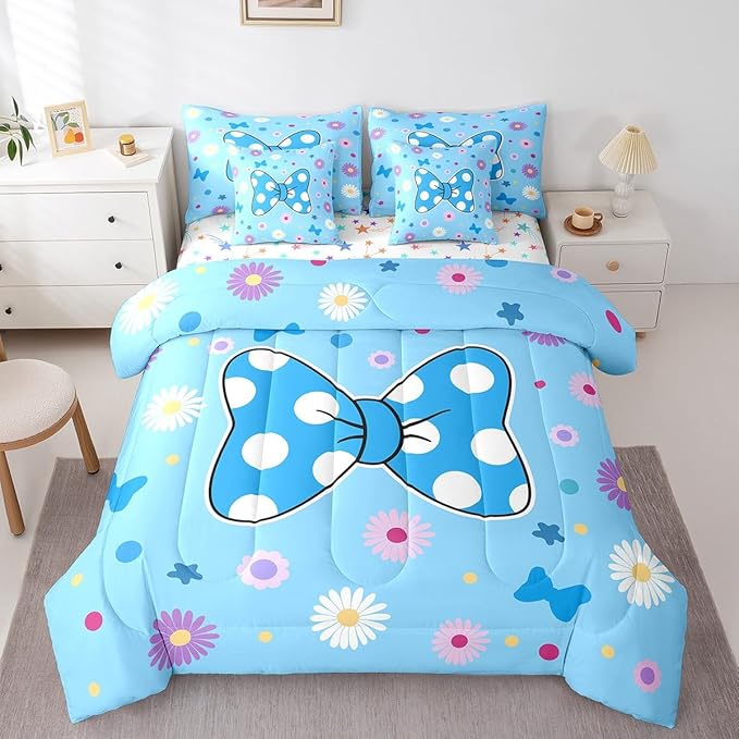 7 Pieces Blue Bowknot Kids Comforter Set King,Daisy Flowers Geometric Dot Patchwork Bedding Set,Star Bow Tie Princess Cute Dreamy（Comforter+Fitted+Flat Sheet+2 Pillowcases+2 Throw Pillow Covers）