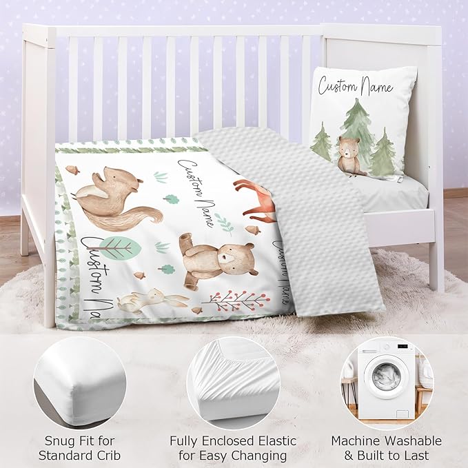 Personalized Baby Crib Bedding Set,3 Piece Custom Name Nursery Set with Blanket, Fitted Sheet & Pillowcase for Baby Girls & Boys, Forest Buddies Theme(Fixed Size)