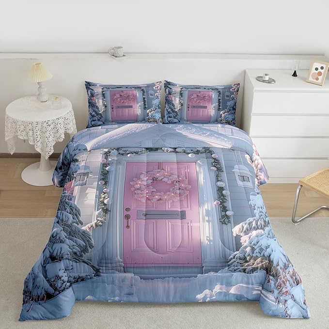Feelyou Winter Snowscape Bedding Set Soft for Boys Girls, Merry Christmas Comforter Set Full Size Pink Door Duvet Quilt Microfiber Garland Xmas Tree Bedroom Decor 3 Pcs with 2 Pillow Cases