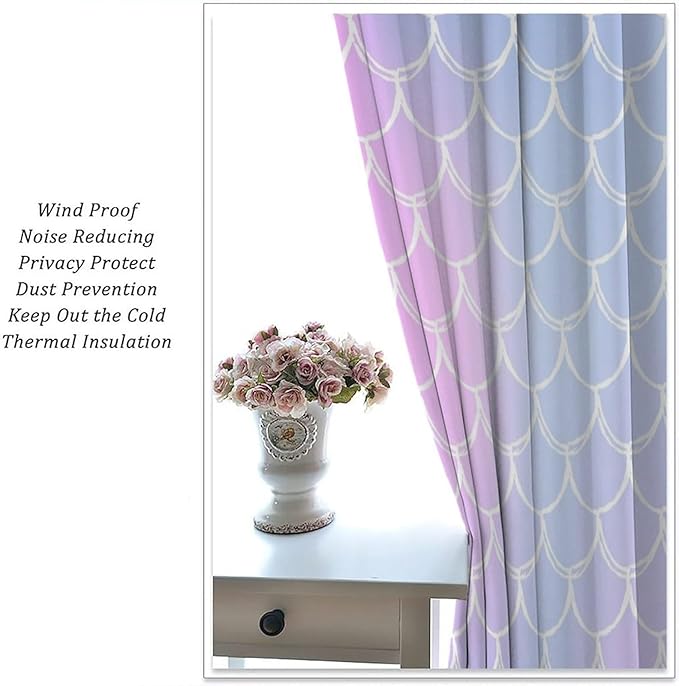 Fantasy Mermaid Curtain Rainbow Mermaid Scales Purple Pink Blue Ocean Theme Dream Blackout Window Treatment for Kids Boys Girls Bedroom Nursery Room Decor Rod Pocket Window Drapes 42x54in