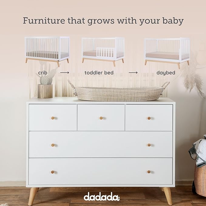 dadada Baby Harmony Set, Nursery Furniture Set. Baby Crib and Dresser Combo. Soho 3 in 1 Convertible Crib and Austin 5 Drawer Nursery Dresser. White & Natural Beechwood
