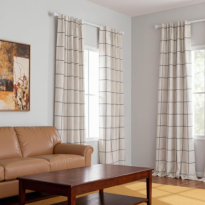 MYSKY HOME 100% Blackout Plaid Linen Curtains 108 Inches Long Double Layer Farmhouse Thermal Insulated Checkered Patterned Drapes Rod Pocket Back Tab for Living Room, 2 Pcs, 52" Wide, Navy Blue
