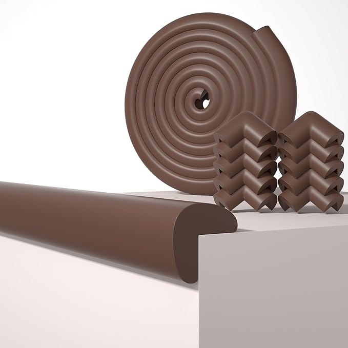 Baby Proof Edge Corner Protector, 16.4FT 0.47''Th L-Shape Furniture Corner & Edge Safety Bumper with 10 Corners, Pre-Taped, Soft NBR Rubber Foam Desk Edge Cushion Wall Corner Protector(Dark Brown)