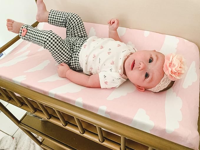 Premium Baby Changing Pad Covers 4 Pack – Girl – Pure Cotton Machine Washable Pink and White Changing Table Cover – Diaper Changing Pad Cover Sheets
