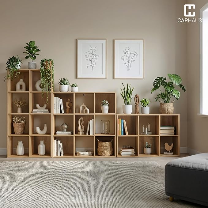 CAPHAUS 11-Inch Cube Storage Organizer Shelf, Home Storage Shelf Divider w/Back, 9-Cube Storage Bookcase, Natural Oak