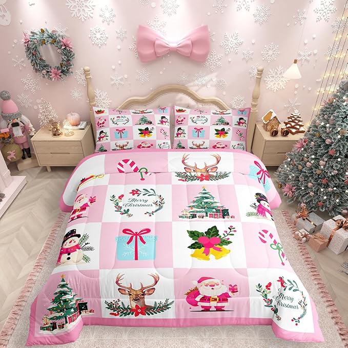 Erosebridal Merry Christmas Comforter Set for Kids Christmas Tree Quilt Twin Size with 1 Pillow Case Santa Claus Xmas Decor Bedding Set Kawaii Snowman Bedding Comforter Sets,Pink
