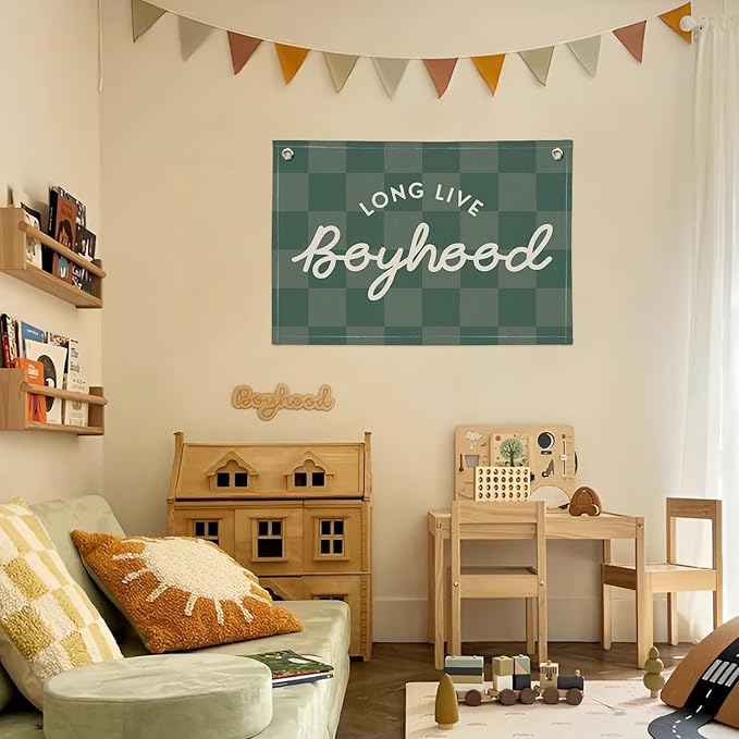 Long Live Boyhood Banner, Boy Nursery Decor, Canvas Banner Wall Hanging Flag Decor for Nursery Playroom Toddler Room, Boys Kids Room - Green