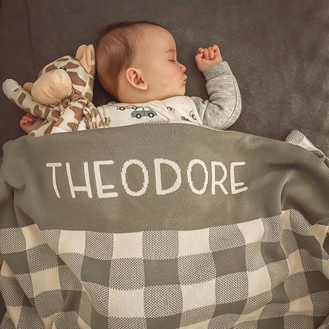 Personalized Gingham Name Blanket – 100% Organic Cotton Customized Baby Blanket, Custom Name, Crib 36x60, Gift for Baby Shower, Birthday Present, Girls and Boys, Toddlers Kids - Made in America