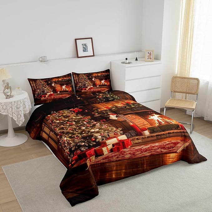 Xmas Theme Comforter Set Queen Size, Vintage Christmas Fireplace Tree Bedding Set for Kids Boys Girls Room Decor, Merry Christmas Duvet Insert 3Pcs, Pine Tree Luxury Quilt Set, 2 Pillowcases
