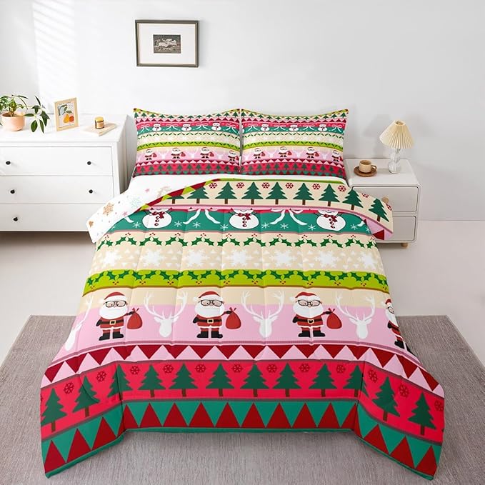 Feelyou Merry Christmas Tree Bedding Set Soft for Boys Girls, Cute Snowman Comforter Set Queen Size Santa Claus Duvet Quilt Microfiber Cartoon Bowknot Bedroom Decor 3 Pcs with 2 Pillow Cases