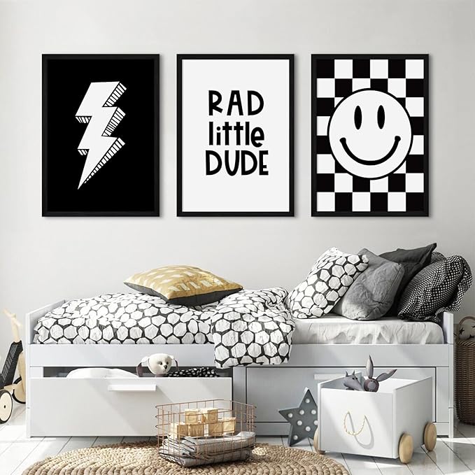 Boys Room Wall Art Decor Toddler Nursery Canvas Wall Art Baby Kids Wall Decor Black Checkered Smiley Poster Pictures Retro Playroom Rad Little Dud Art Prints for Bedroom 12x16x3 Inch Wood Framed