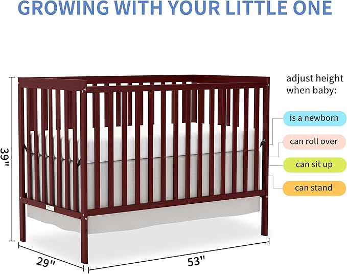 Baby Crib 5-in-1 Convertible, Wooden Nursery Cribs Converts to Toddler Bed, Daybed and Full Size Bed, 3 Adjustable Base, Non-Toxic Finish