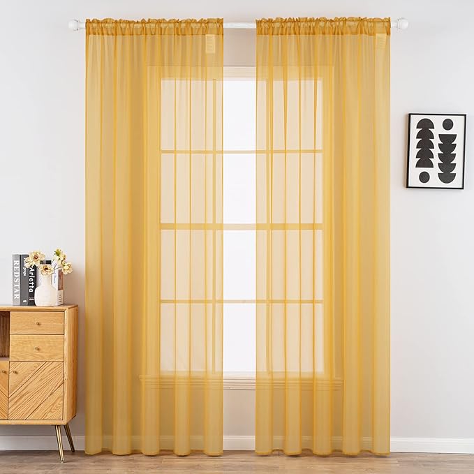 MIULEE 2 Panels Solid Color Sheer Window Curtains Elegant Window Voile Fall Panels/Drapes/Treatment for Bedroom Living Room (54X108 Inches Gold)