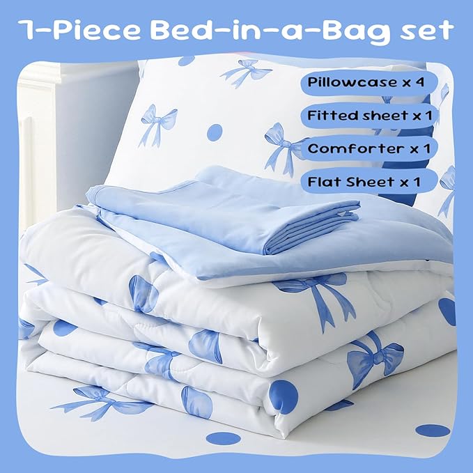 Wajade 7 Piece Blue Bow Comforter Set for Girls Kids Queen Size Bedding Set with Sheet and 2 Pillowcases 2 Pillow Shams Cute Girls Bed in a Bag as Birthday Choice