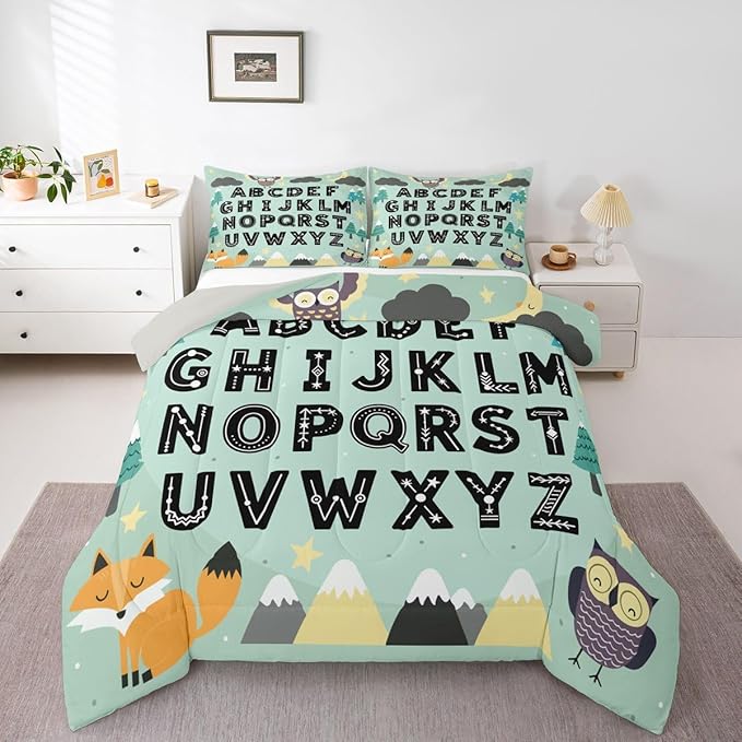 Feelyou Alphabet Kids ABC Learning Comforter Set All Season Cute Fox Bedding Set with 1 Pillow Cases Educational Nursery Art Kids Toddler Bedclothes Woodland Animals Bedroom Decor Duvet Quilt