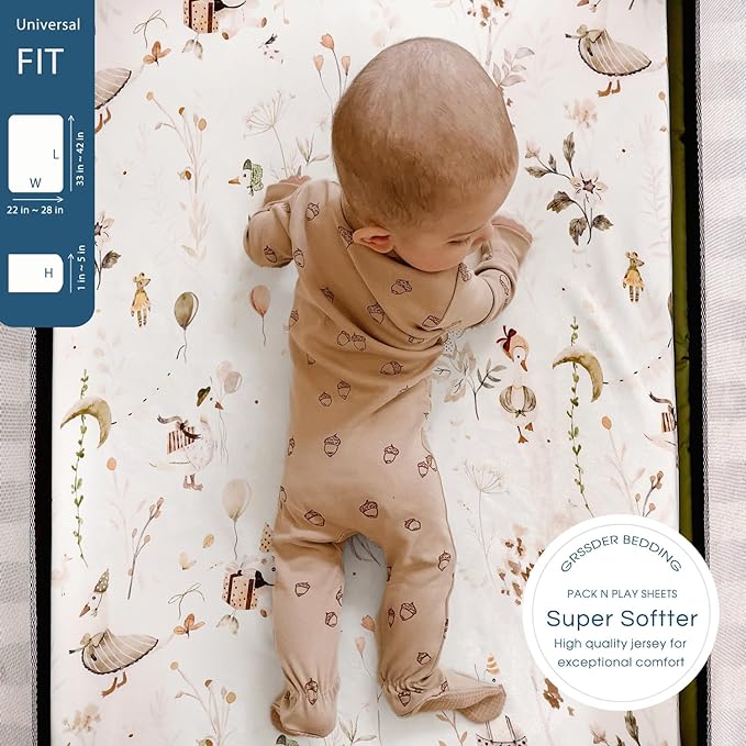 Stretchy Ultra Soft Jersey Knit Fitted Pack n Play Sheets 2 Pack, Portable/Mini Crib Sheets for Boys and Girls, Universal Fit for Pack N Plays Safe and Snug, Happy Farty
