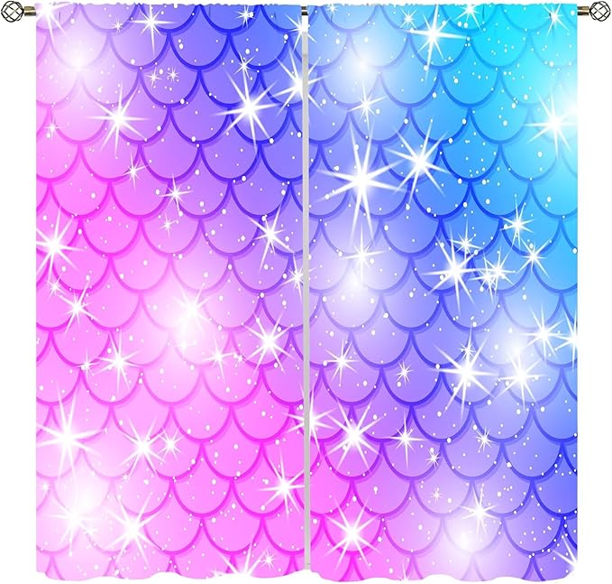 Mermaid Blackout Curtains, Kids Cartoon Blue and Pink Ocean Mermaid Scale Pattern Decoration for Girls Bedroom Nursery Curtains 42x45 Inch