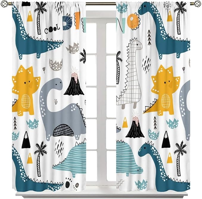 Dinosaur Curtains, Cartoon Dino Cute Safari Animal Print Pattern Window Treatments, Rod Pocket Thermal Insulated Drapes 2 Panel Sets for Kids Boys Bedroom Nursery Classroom, 42" W X 45" L【Decor】
