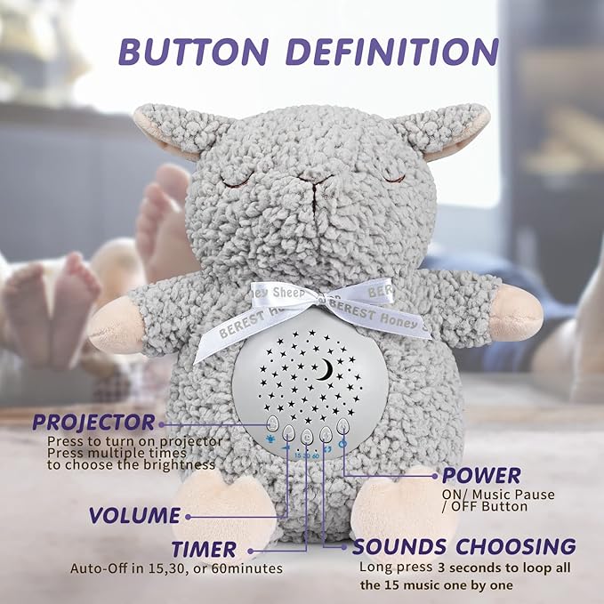 BEREST Baby Sleep Soother with Projector Night Light & Cry Sensor, Rechargeable Musical Plush Toy with White Noise, Heartbeat, Shushing for Newborns, Infants Shower Gift (A11-Projetor Grey Sheep)