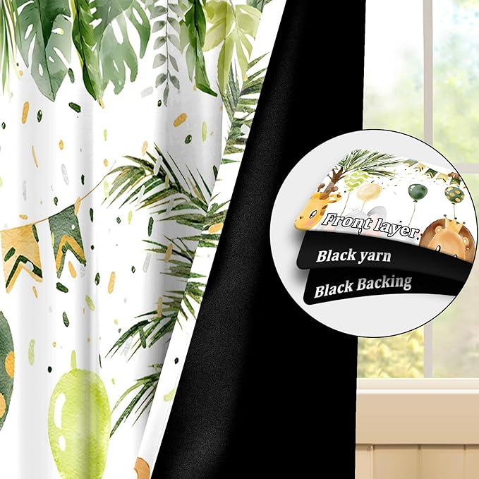 Renaiss 52 x 84 Inch Rainforest Safari Animal Curtains African Jungle Tropical Lions Tigers Elephants Giraffes Palm Trees Pattern Polyester Fabric Grommet Window Drapes for Nursery Bedroom 2 Panels