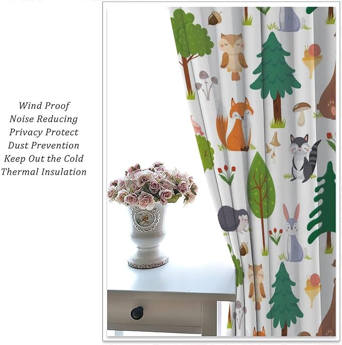 Jungle Animal Curtains, Woodland Animals Forest Pattern Window Treatments, Rod Pocket Thermal Insulated Drapes 2 Panel Sets for Kids Room Nursery Classroom, 42" W X 45" L[Decor]