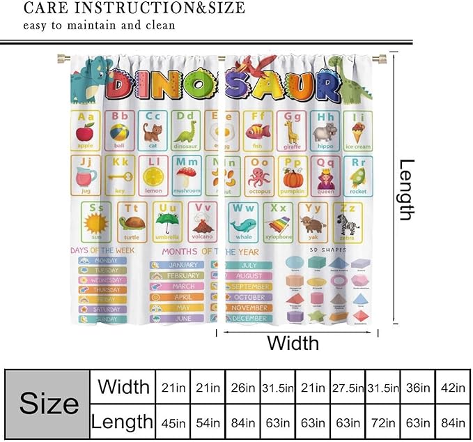 Funny Kids Alphabet Curtain, Cartoon Animal Alphabet Learning Dinosaur Boys Kids Students Baby Educational Colorful Blackout Window Treatments for Bedroom Living Room School 55" W X 63" L