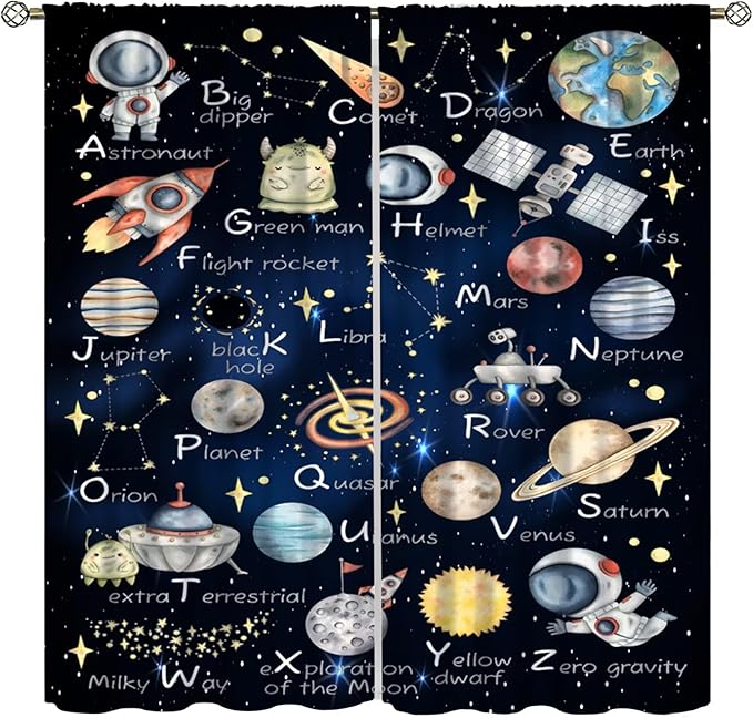 Cartoon Kids Alphabet Astronaut Curtain，Retro Cute Cosmic Galaxy Letter Printed Rod Pocket Blackout Window Treatments for Boys Girls Bedroom Living Room School 72" W X 63" L