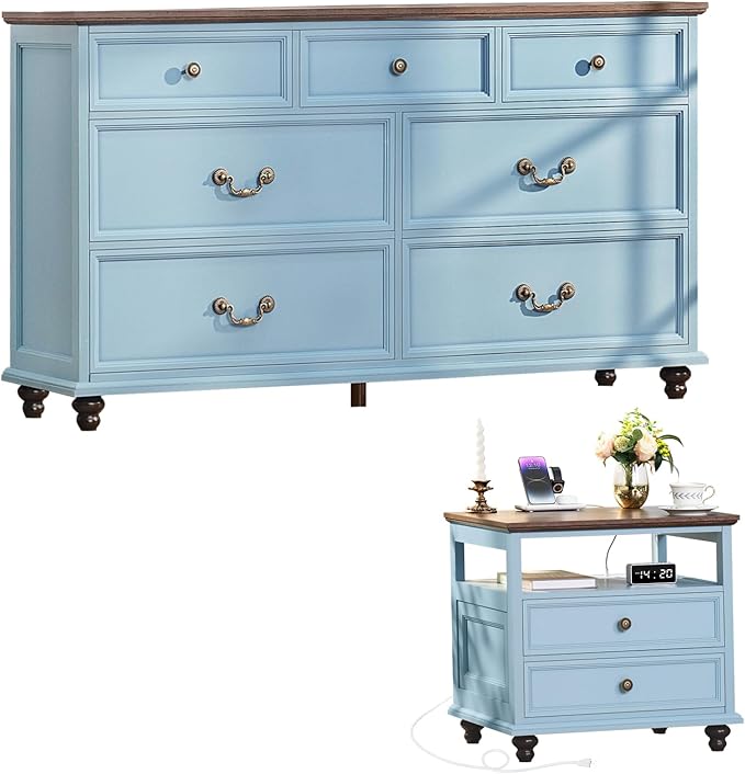 Farmhouse Dresser and Nightstand Sets, Wood 54" Wide Dresser & 24" Night Stand with Charging Station, 2 Piece Bedroom Furniture Set, Chest of Drawers for Bedroom, Home, Living Room, Hallway
