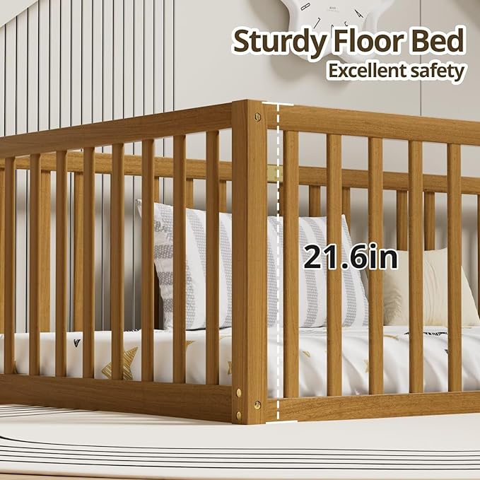 LLS Twin Size Floor Bed with 21.6" High Fence for Kids Boys Girls, Solid Wood Multifunctional Montessori Bed Frame with Door, Without Slats, Light Espresso
