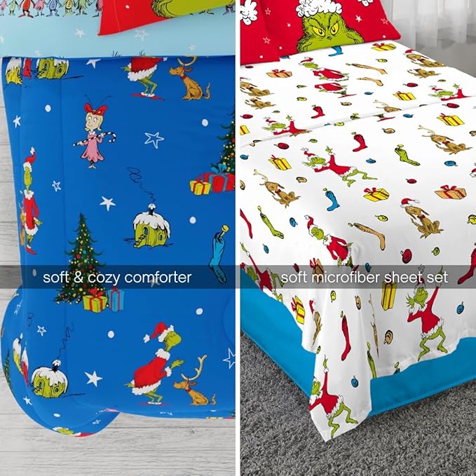 Grinch by Dr. Seuss Holiday & Christmas Bedding Super Soft Comforter and Sheet Set with Sham, 7 Piece Queen Size (Official Dr. Seuss Product) by Franco