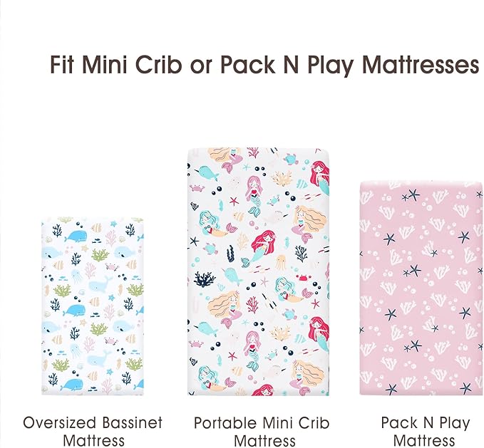 PHF 3 Pack Soft Mini Crib Sheets, Mermaid Silky Pack N Play Sheets for Baby Boys Girls, Universal Fit for Pack N Play, Playard, Portable and Mini Crib Mattresses, Mermaid