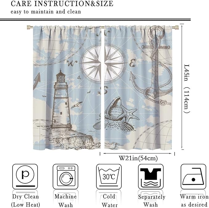 Nautical Theme Window Curtains, 2 Panels, 42x45 Inches, Rustic Nautical-3, Blackout, Wrinkle Resistant, Machine Washable, Bedroom, Bathroom, Kitchen, Living Room, Dorm