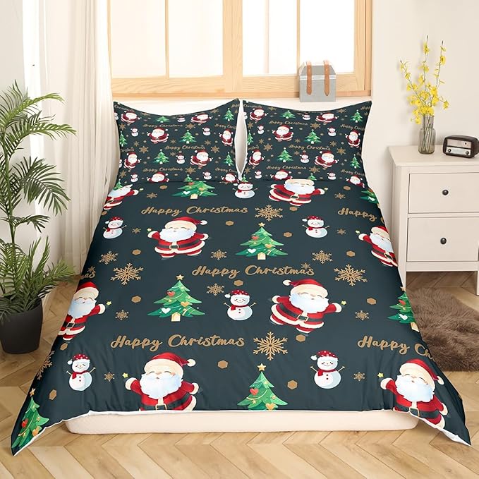 Christmas Duvet Cover Set Twin Size, Santa Claus Xmas Trees Snowman Sonwflake Comforter Cover with 1 Pillowcase, New Year Theme Bedding Set for Kids Boy Girl Lightweight Bedspread Cover,No Comforter
