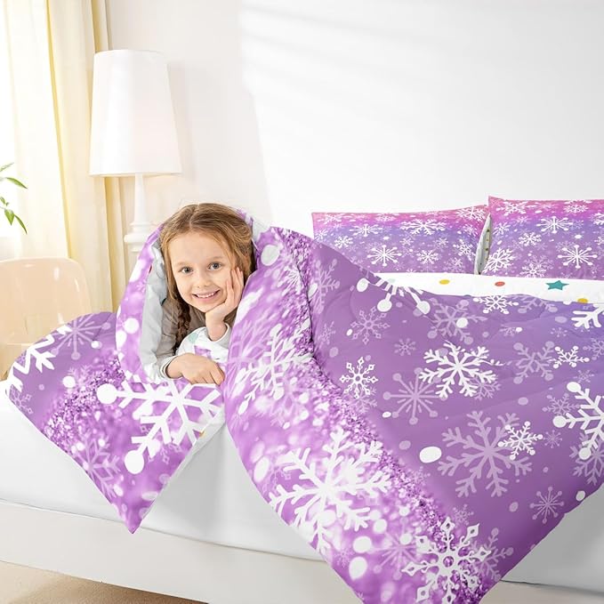Feelyou Christmas Comforter Set All Season Pink Purple Bedding Set with 2 Pillow Cases Winter Snowflake Microfiber Kids King Bedclothes New Year Holiday Bedroom Decor Duvet Quilt Soft Lightweight