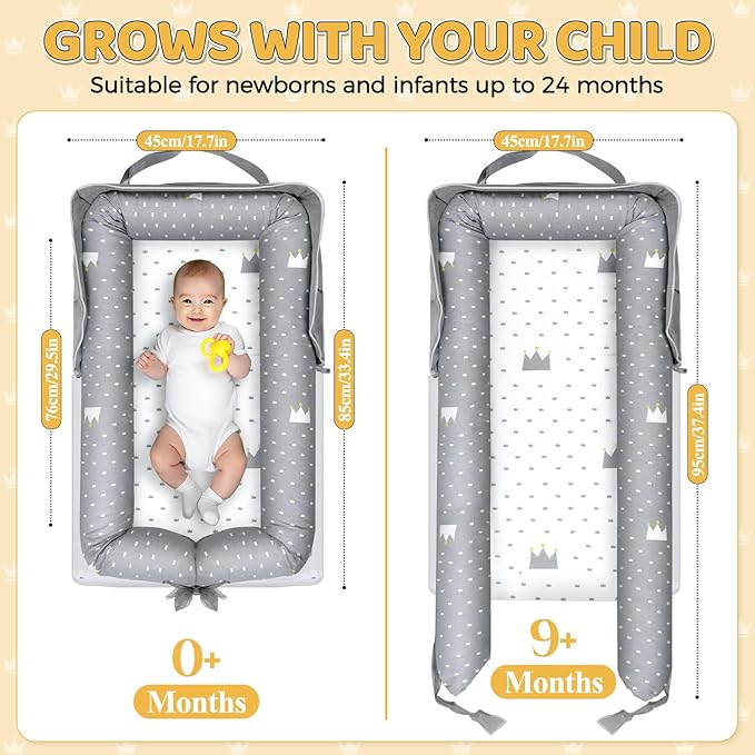 Baby Lounger for Newborn 0-24 Months, Snuggle Cozy Me Portable Infant Lounger with Soft Breathable Cotton, Adjustable Size Lengthen Space Lightweight & Washable Essentials for Home Travel (1. Crown)