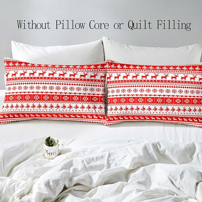 LUVIVIHOME 2PCS Christmas Duvet Cover Twin Bedding Set, White Red Duvet Cover, Reindeer Snowflake Poinsettia Christmas Tree Holiday New Year Xmas Striped Comforter Quilt, 1 Pillow Sham