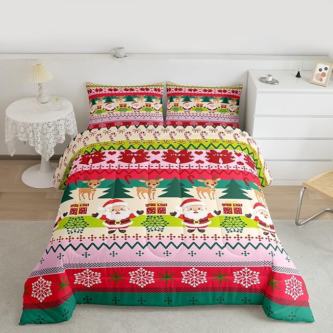 Feelyou Merry Christmas Comforter Set Toddler Size Santa Claus Bedding Set for Kids Boys Girls Cute Deer Duvet Quilt Snowflake Bedroom Decor Microfiber 2 Pcs with 1 Pillow Cases